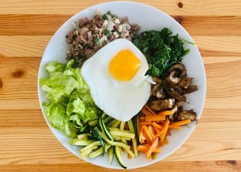 A topdown view of a plate of vegetables, chopped meat, and an egg on top.