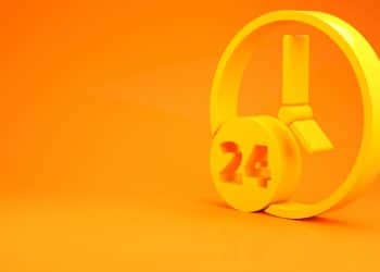 A digital illustration of a yellow clock with the number 24 by it.
