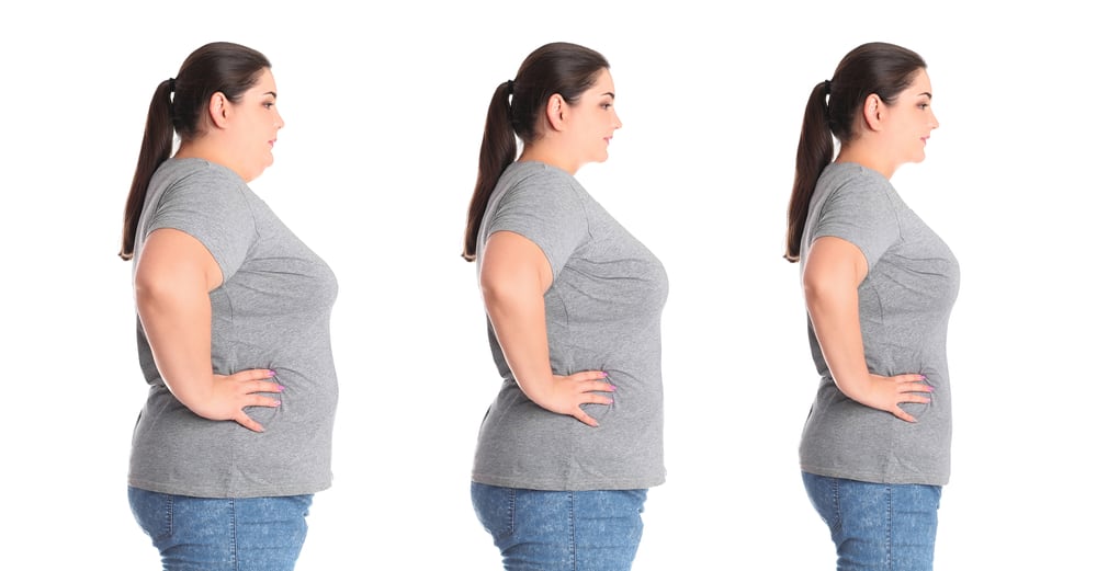 Three images showing a woman losing weight over time from the side.