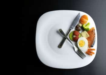 A plate with some utensils and food making a clock and showing a representation of an intermittent fasting schedule.