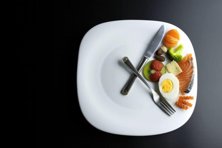 A plate with some utensils and food making a clock and showing a representation of an intermittent fasting schedule.