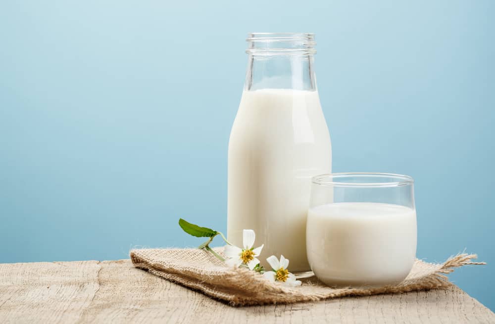 A closeup of a bottle of milk with a glass of milk beside it.