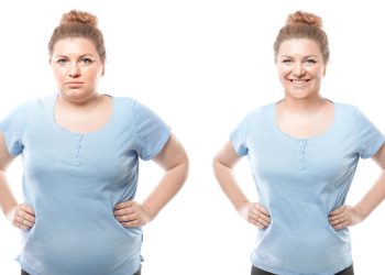 A before and after image of a woman losing weight and being happy about it.