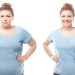 A before and after image of a woman losing weight and being happy about it.